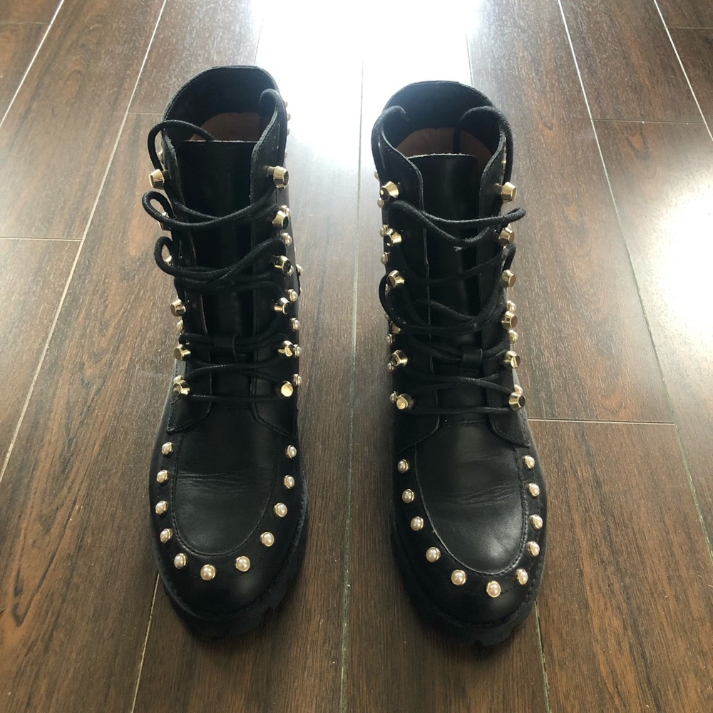 NWOT Joie combat black leather boots with gold and pearl details
